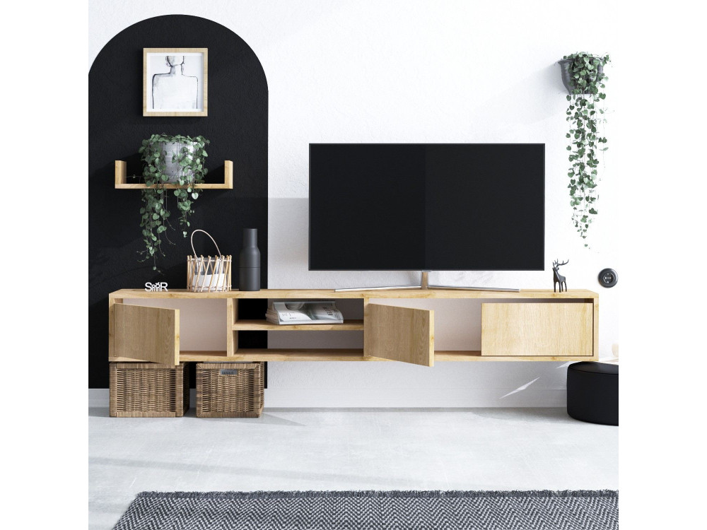 Heka" wall-hung TV cabinet with wooden shelf - 180 x 30 x 25 cm - Beige