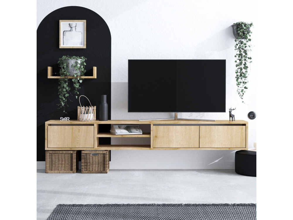 Heka" wall-hung TV cabinet with wooden shelf - 180 x 30 x 25 cm - Beige