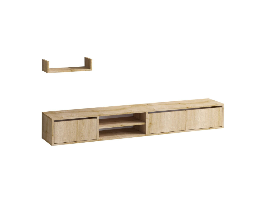 Heka" wall-hung TV cabinet with wooden shelf - 180 x 30 x 25 cm - Beige