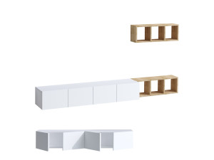 Pia" wall-hung TV cabinet with wooden shelf - 215 x 32 x 25 cm - White