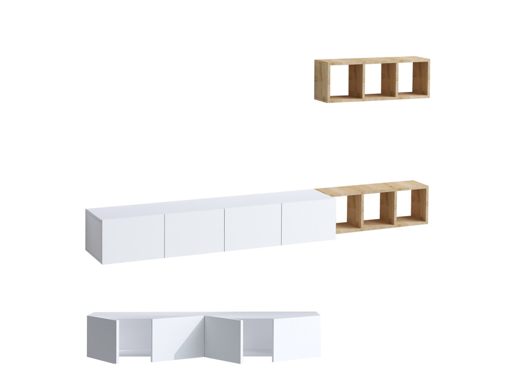 Pia" wall-hung TV cabinet with wooden shelf - 215 x 32 x 25 cm - White
