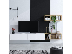 Pia" wall-hung TV cabinet with wooden shelf - 215 x 32 x 25 cm - White 2