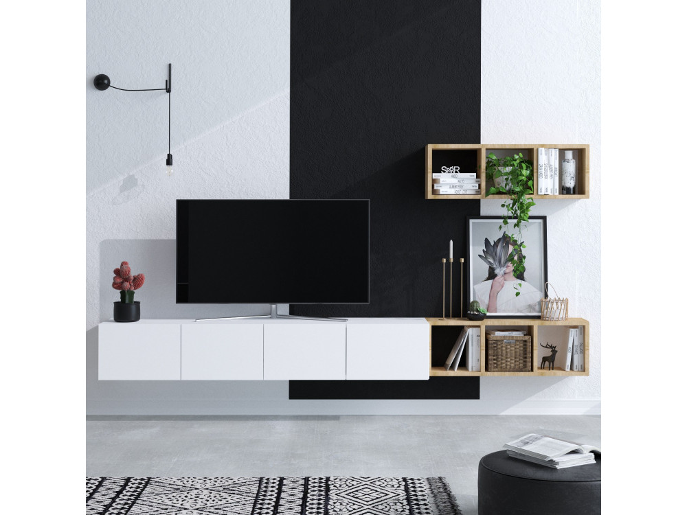 Pia" wall-hung TV cabinet with wooden shelf - 215 x 32 x 25 cm - White