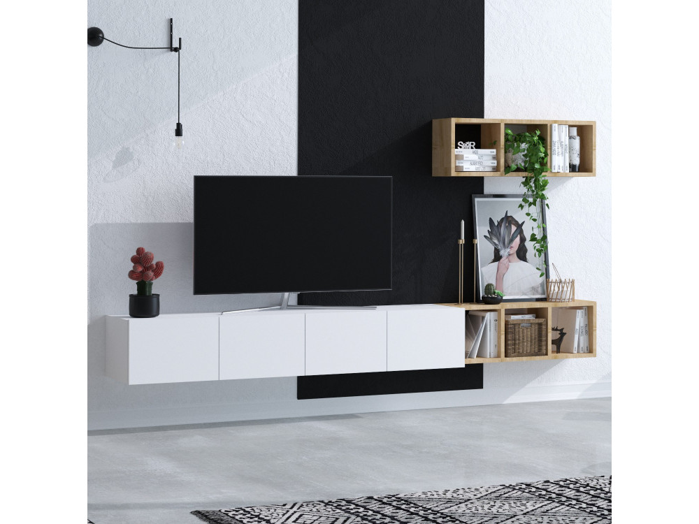 Pia" wall-hung TV cabinet with wooden shelf - 215 x 32 x 25 cm - White