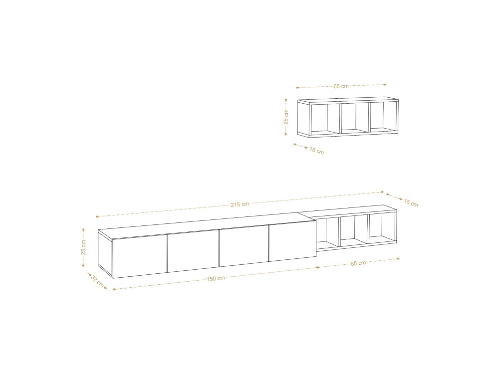Pia" wall-hung TV cabinet with wooden shelf - 215 x 32 x 25 cm - White