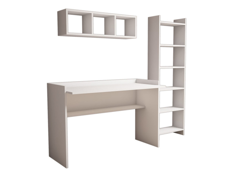 Hera" wooden study desk with bookcase and wall shelf - 118 x 58 x 80 cm - White