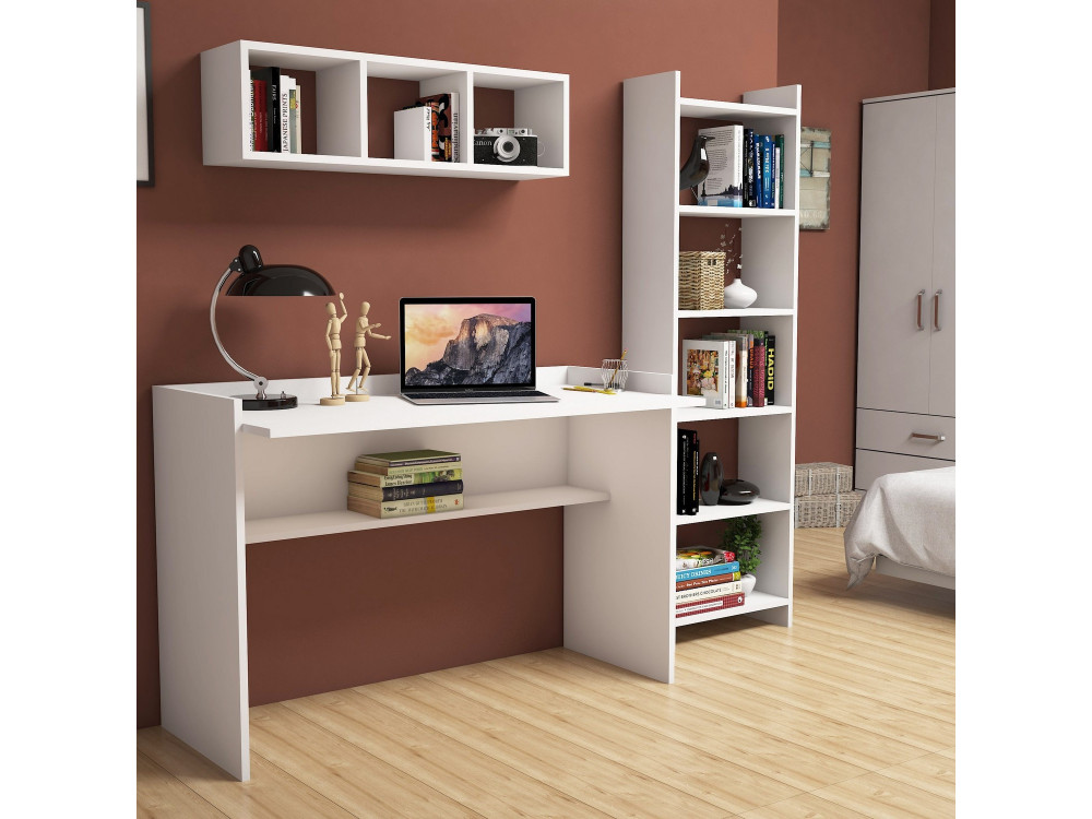 Hera" wooden study desk with bookcase and wall shelf - 118 x 58 x 80 cm - White