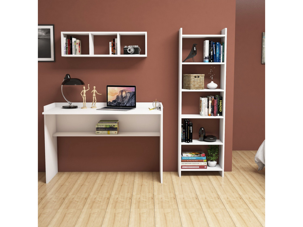 Hera" wooden study desk with bookcase and wall shelf - 118 x 58 x 80 cm - White