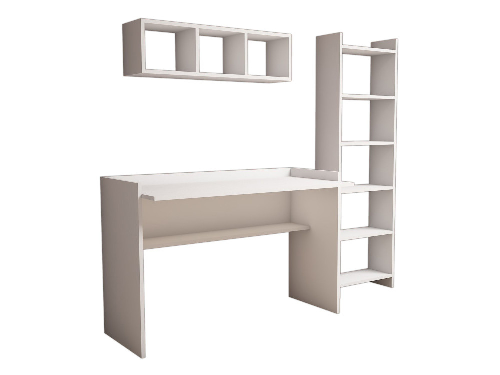 Hera" wooden study desk with bookcase and wall shelf - 118 x 58 x 80 cm - White