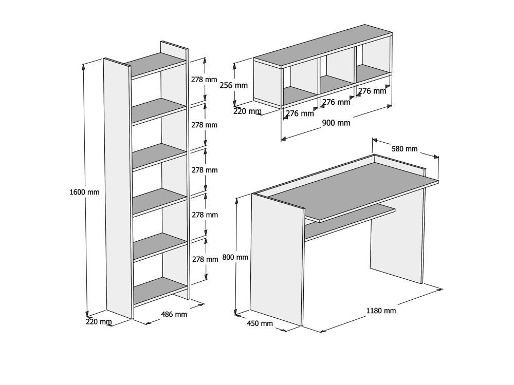 Hera" wooden study desk with bookcase and wall shelf - 118 x 58 x 80 cm - White
