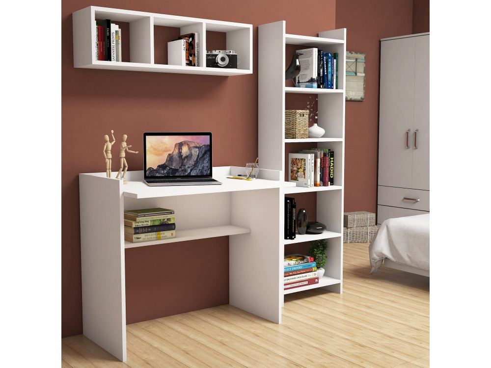 Matilda" wooden study desk with bookcase and wall shelf - 90 x 58 x 80 cm - White