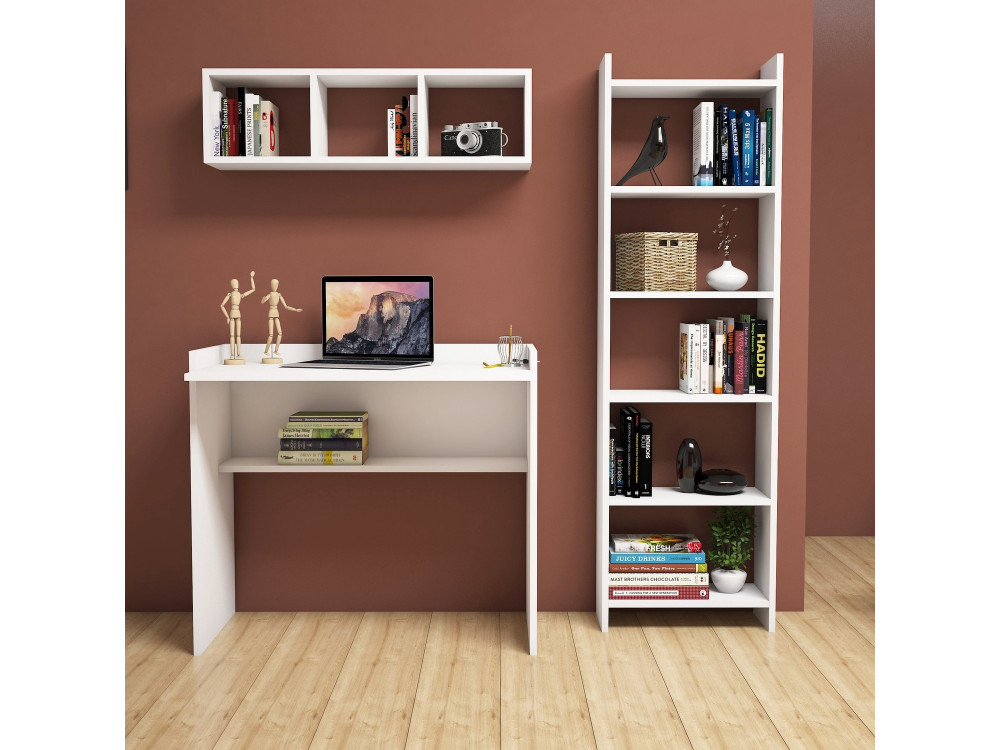Matilda" wooden study desk with bookcase and wall shelf - 90 x 58 x 80 cm - White