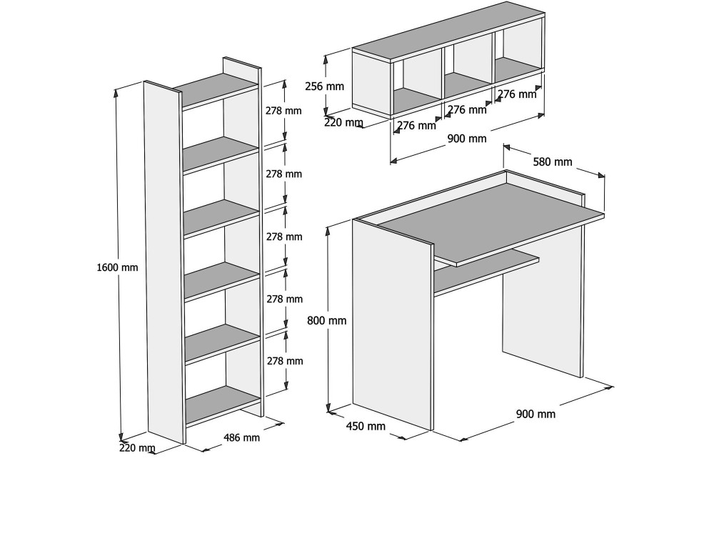 Matilda" wooden study desk with bookcase and wall shelf - 90 x 58 x 80 cm - White