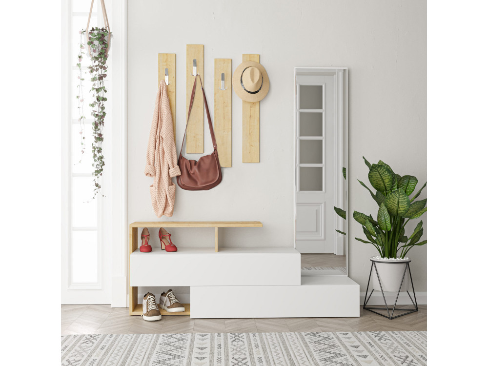 Ramda" hall cabinet with wooden mirror - 137 x 35 x 154 cm - Beige