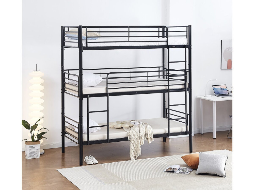 HAVIN Triple Metal Bunk Bed - 90 x 190 cm - Black