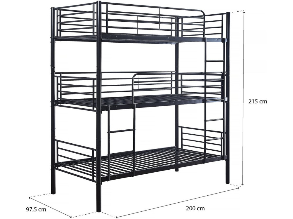 HAVIN Triple Metal Bunk Bed - 90 x 190 cm - Black