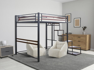LENA" metal loft bed with stairs - 140 x 190 cm - Black and walnut brown 2