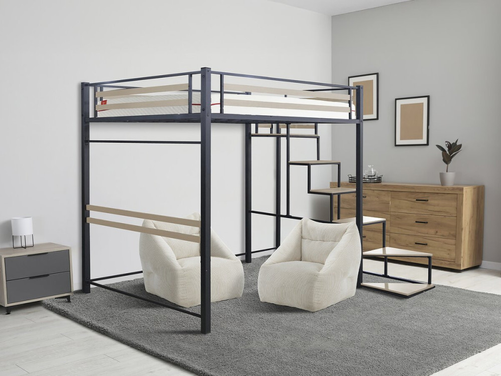LENA metal loft bed with staircase - 140 x 200 cm - black