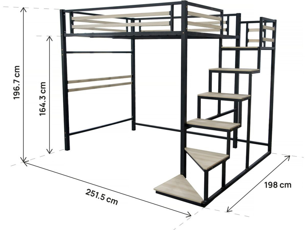 LENA metal loft bed with staircase - 140 x 200 cm - black