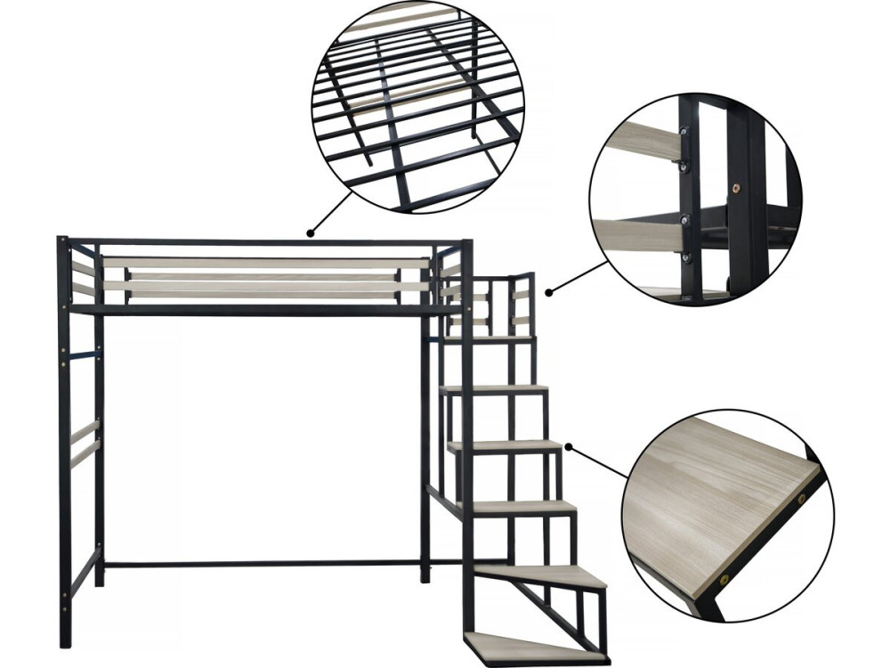 LENA metal loft bed with staircase - 140 x 200 cm - black