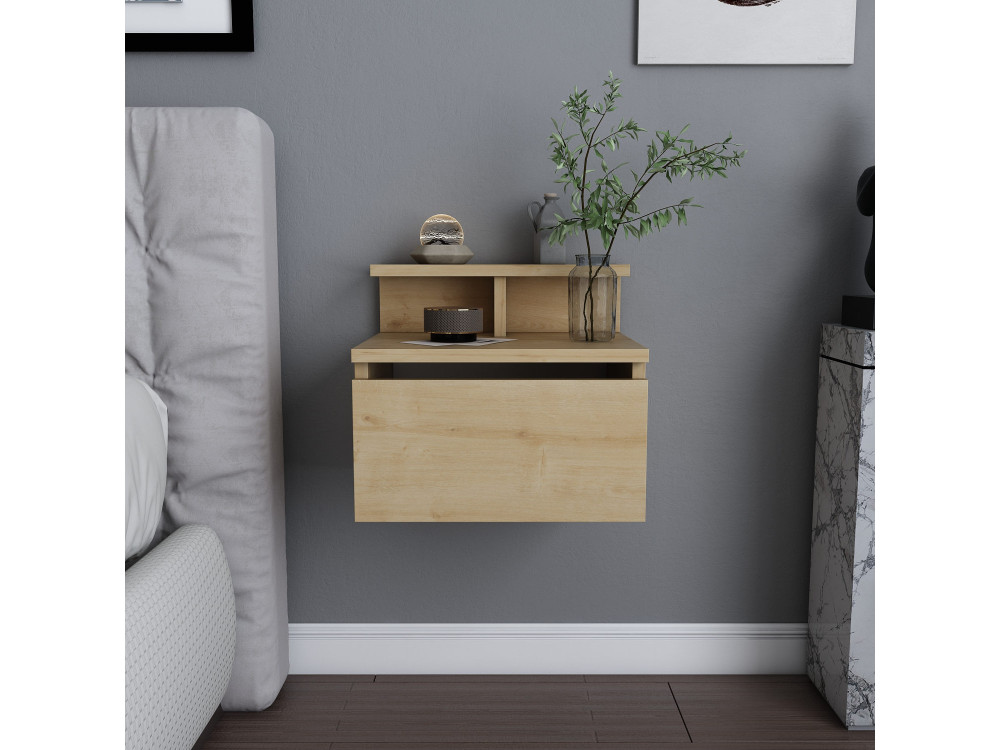 Alice" wooden wall-mounted bedside table - 40 x 32 x 35 cm - Beige