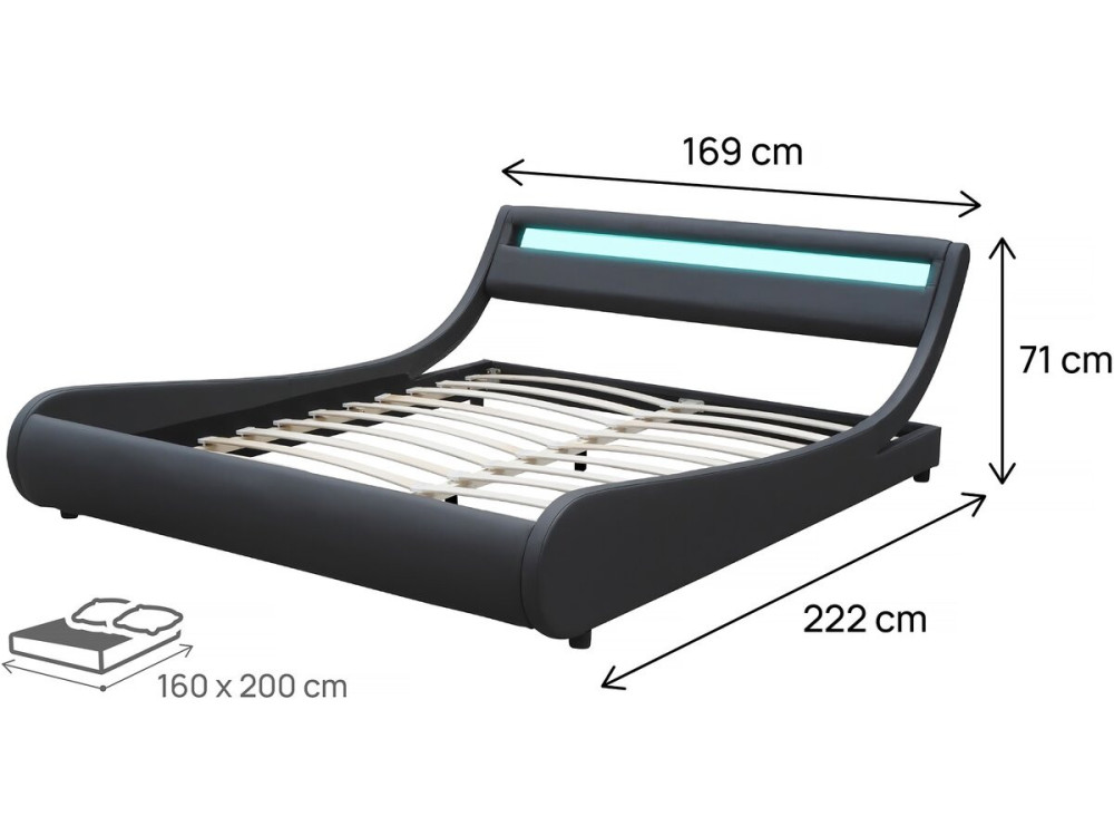 Bed with led  "Natacha" - 160 x 200 cm - Black