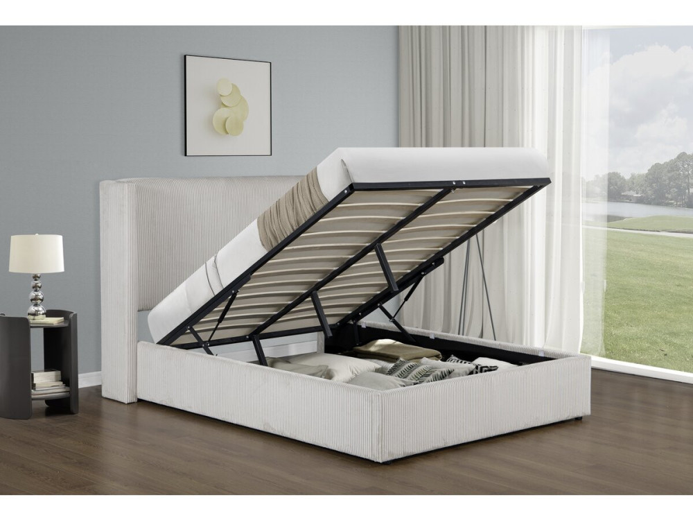Cortina" corduroy double bed with integrated chest and lamp - 160 x 200 cm - Beige