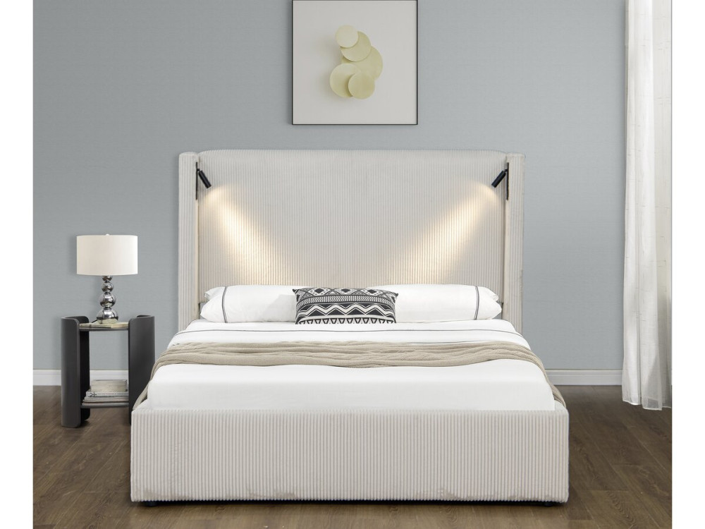 Corduroy double bed with integrated box and lamp "Cortina" - 140 x 190 cm- Beige