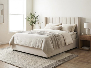 Saint-Moritz" double bed in linen with box - 160 x 200 cm - Beige 2