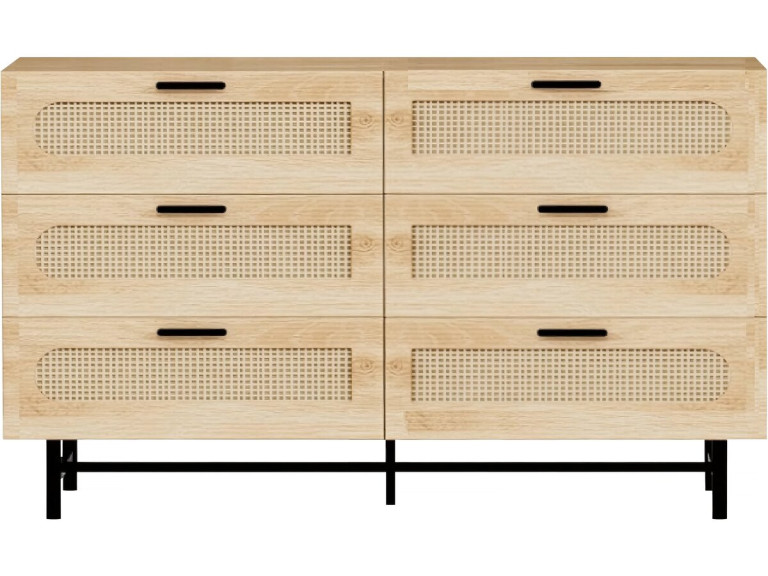 Harrison" wood and cane chest of drawers - 120 x 40 x 75 cm - Beige