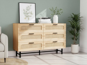 Harrison" wood and cane chest of drawers - 120 x 40 x 75 cm - Beige 2