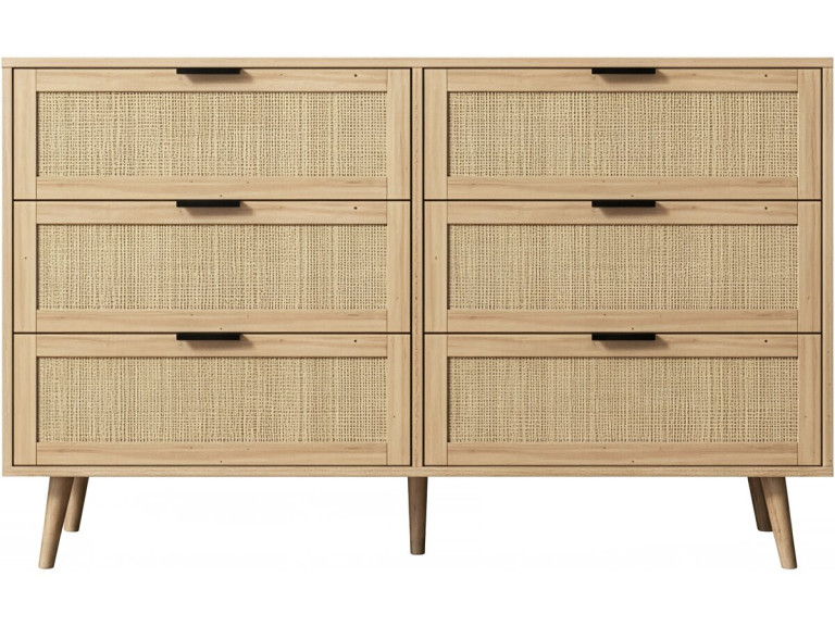 Preston" wood and cane chest of drawers - 120 x 40 x 75 cm - Beige