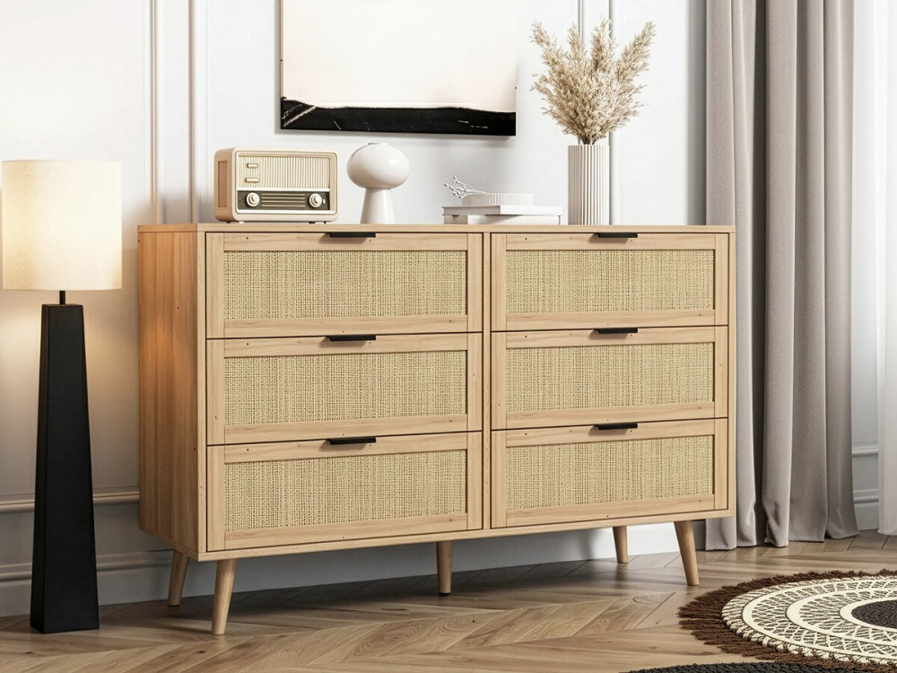 Preston" wood and cane chest of drawers - 120 x 40 x 75 cm - Beige