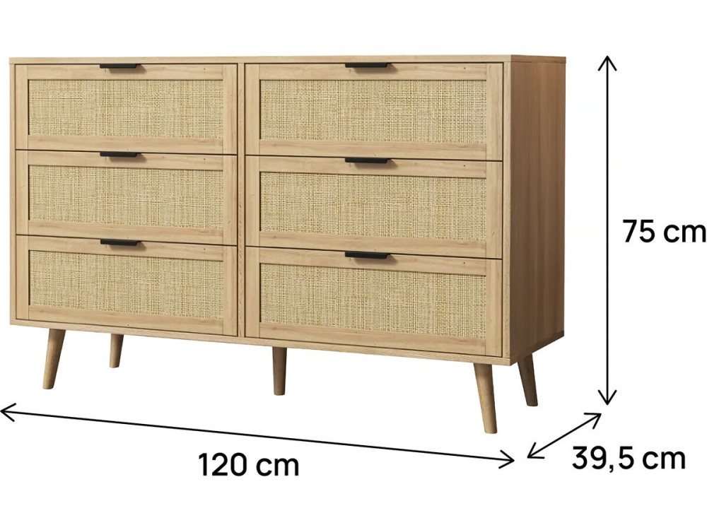 Preston" wood and cane chest of drawers - 120 x 40 x 75 cm - Beige