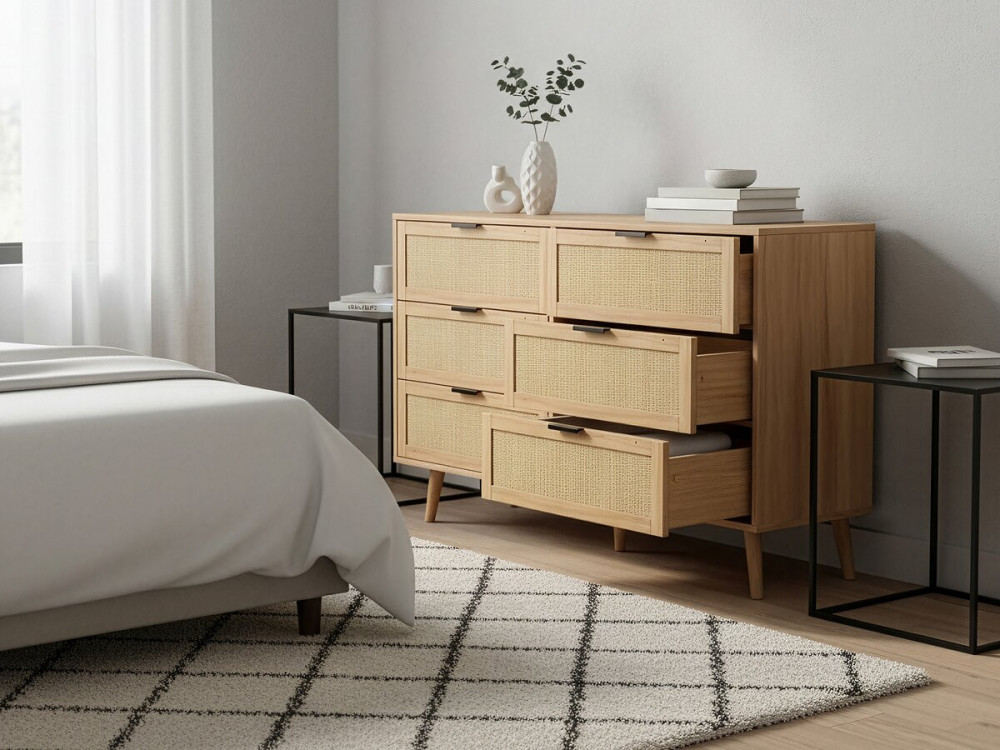 Preston" wood and cane chest of drawers - 120 x 40 x 75 cm - Beige