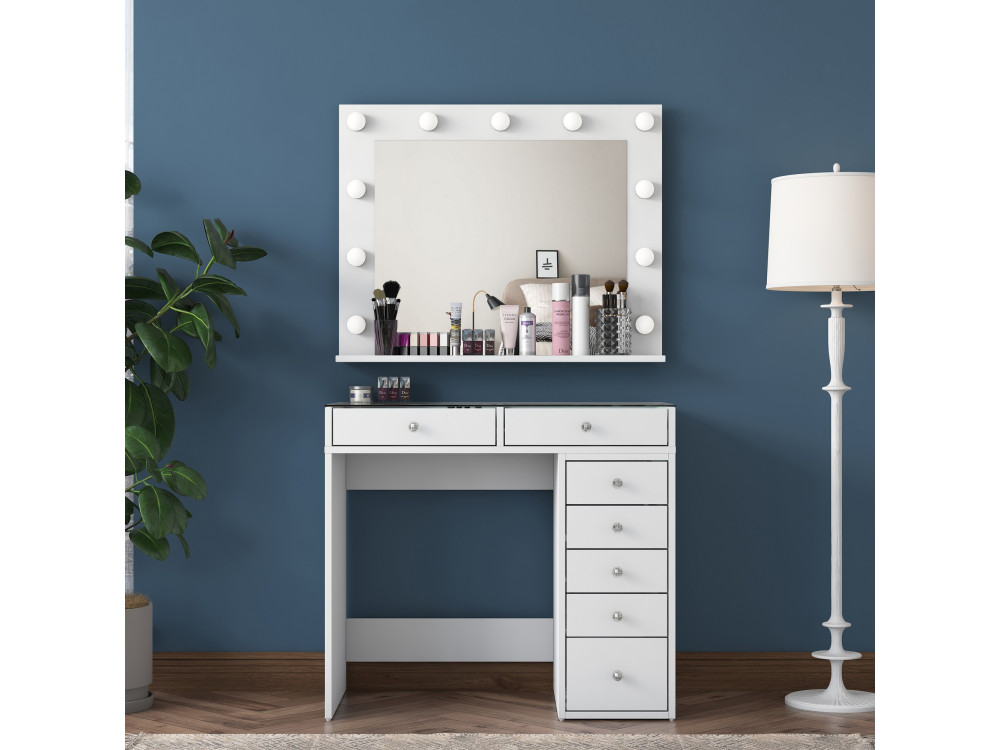 Kona" dressing table with wooden mirror - 90 x 44 x 80 cm - White