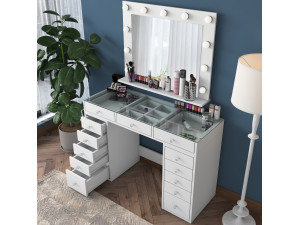 Baria" dressing table with wooden mirror - 120 x 44 x 80 cm - White 2