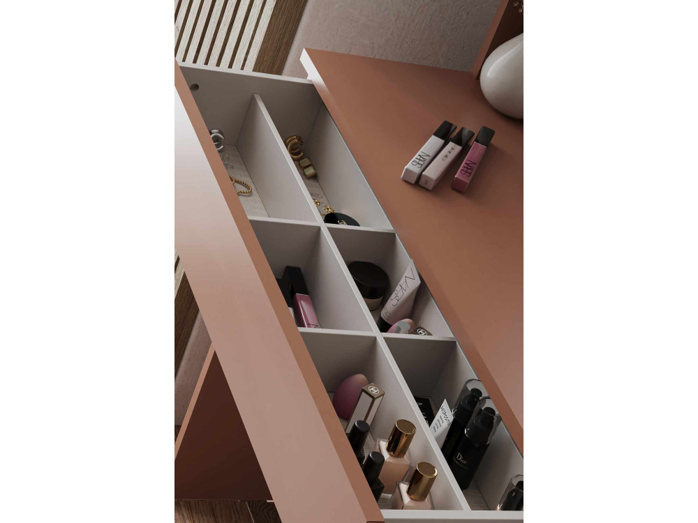 Dressing table with wooden mirror "Harmony Mini Round" - 90 x 40 x 133 cm - Terracotta