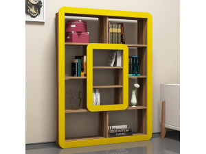 Orkide" wooden bookcase - 108 x 21 x 140 cm - Walnut, Yellow 2