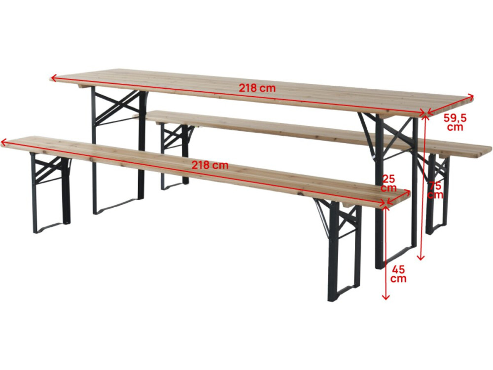 Lisbon" folding beer garden table with 2 benches - 218 x 59.5 x 75 cm - Brown