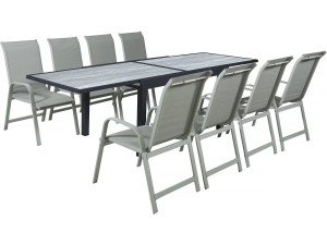 Lagos" aluminium extendable table and garden chairs - 140/280 x 90 x 76 cm - 8 seats - Light grey