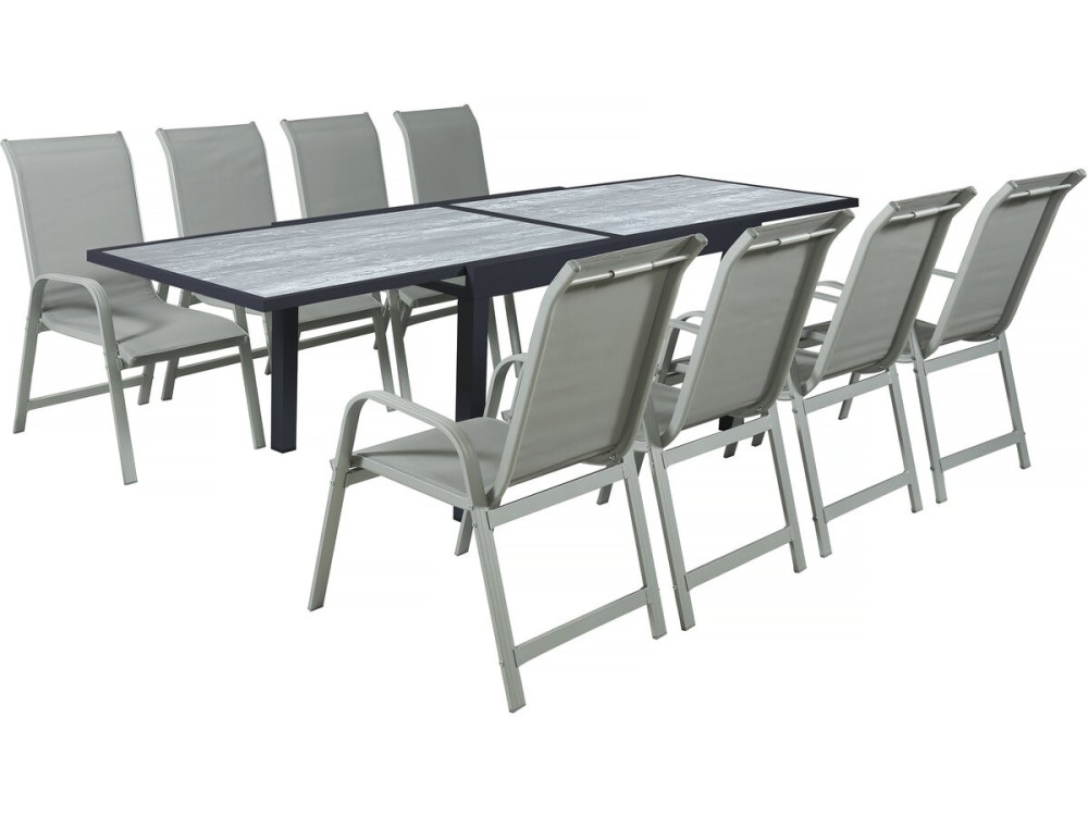 Lagos" aluminium extendable table and garden chairs - 140/280 x 90 x 76 cm - 8 seats - Light grey