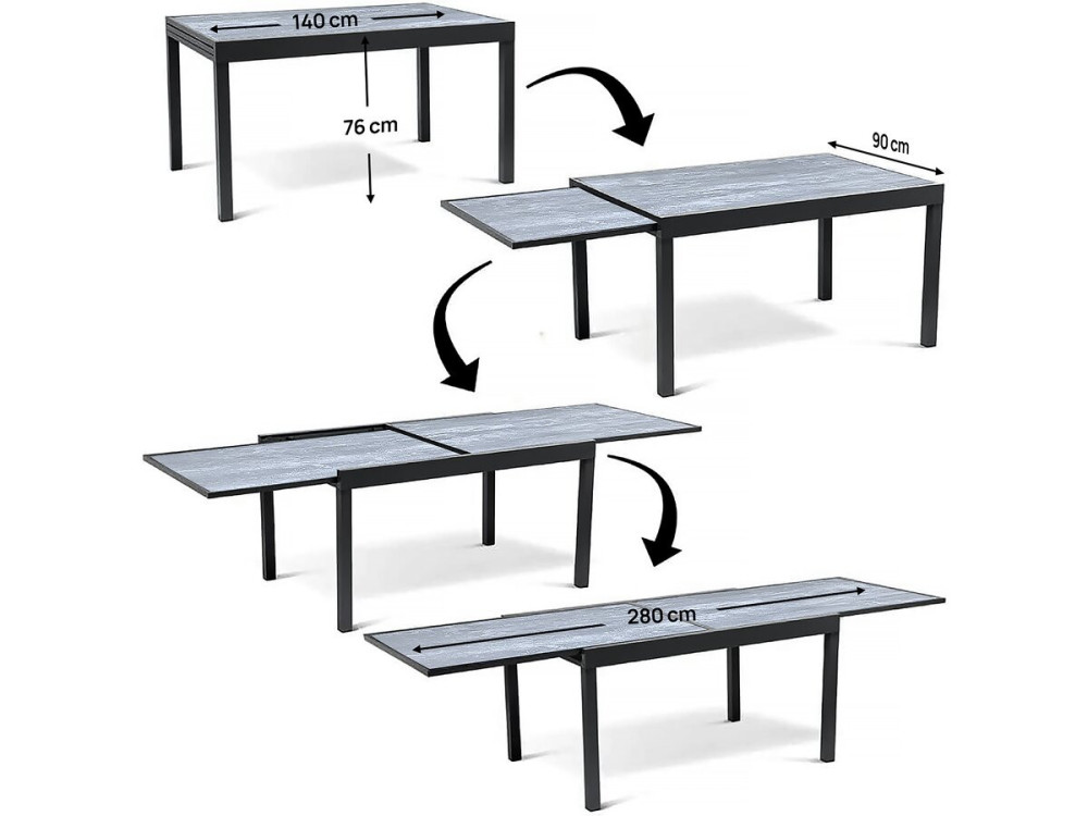 Lagos" aluminium extendable table and garden chairs - 140/280 x 90 x 76 cm - 8 seats - Light grey