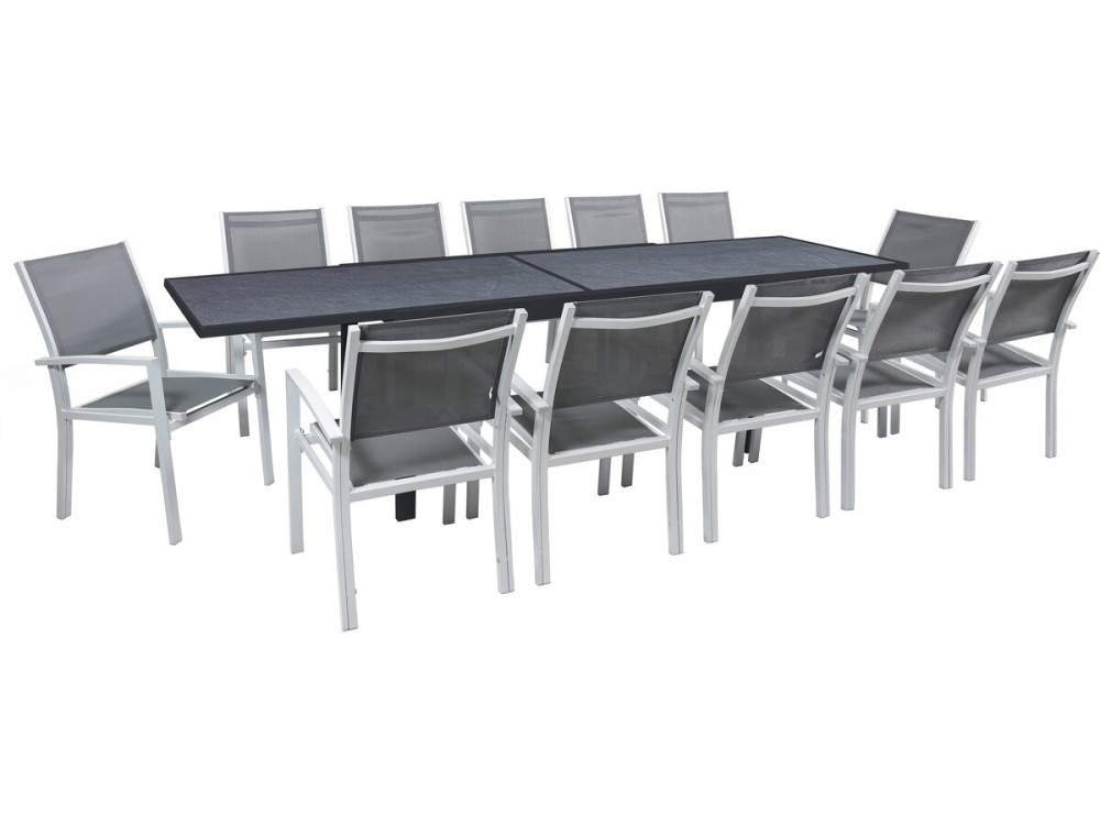 Lagos" aluminium extendable table and garden chairs - 200/320 x 105 x 76 cm - 12 seats - Dark grey
