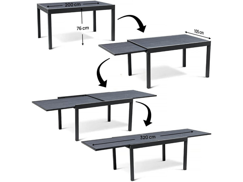 Lagos" aluminium extendable table and garden chairs - 200/320 x 105 x 76 cm - 12 seats - Dark grey