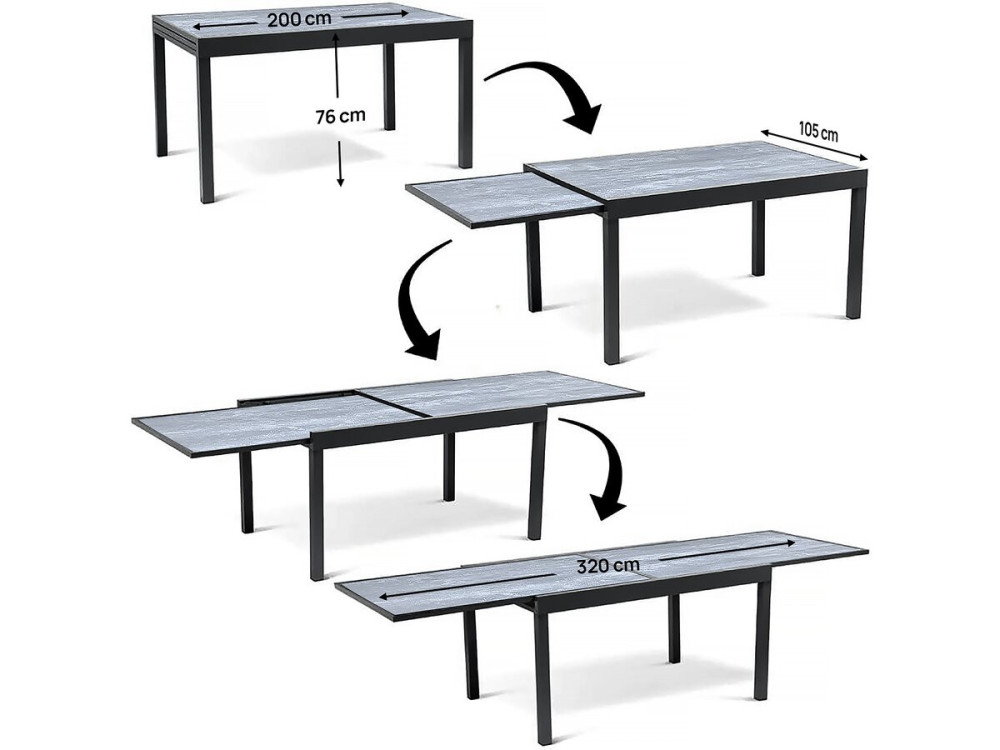 Lagos" aluminium extendable table and garden chairs - 200/320 x 105 x 76 cm - 12 chairs - Black