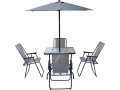 Convivia" metal garden table and chairs with parasol - 6 seats - Light grey - Grey