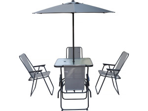 Convivia" metal garden table and chairs with parasol - 4 seats - Light grey