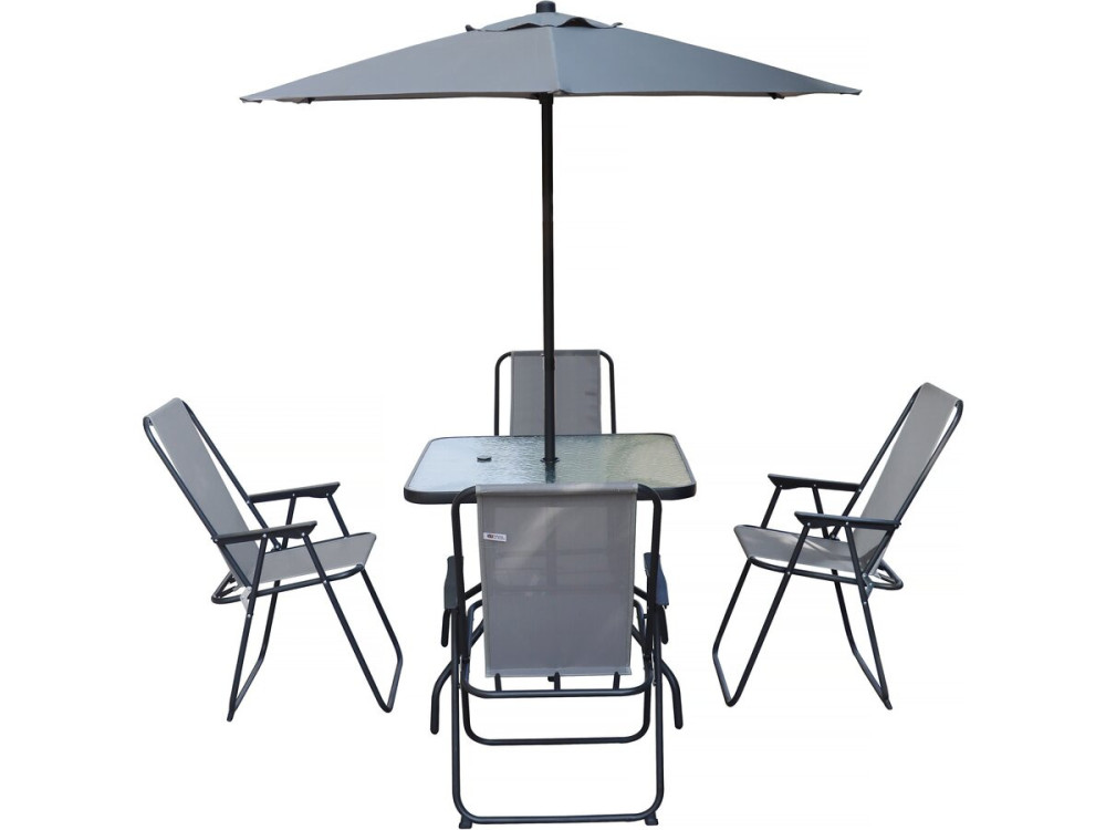 Convivia" metal garden table and chairs with parasol - 4 seats - Light grey