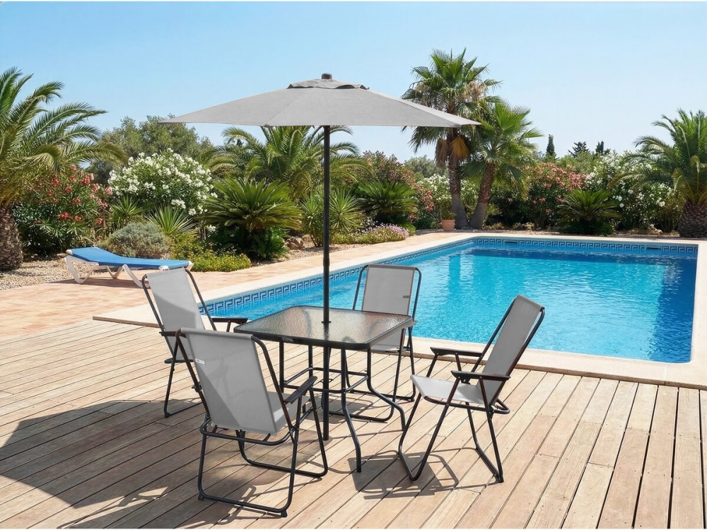 Convivia" metal garden table and chairs with parasol - 4 seats - Light grey